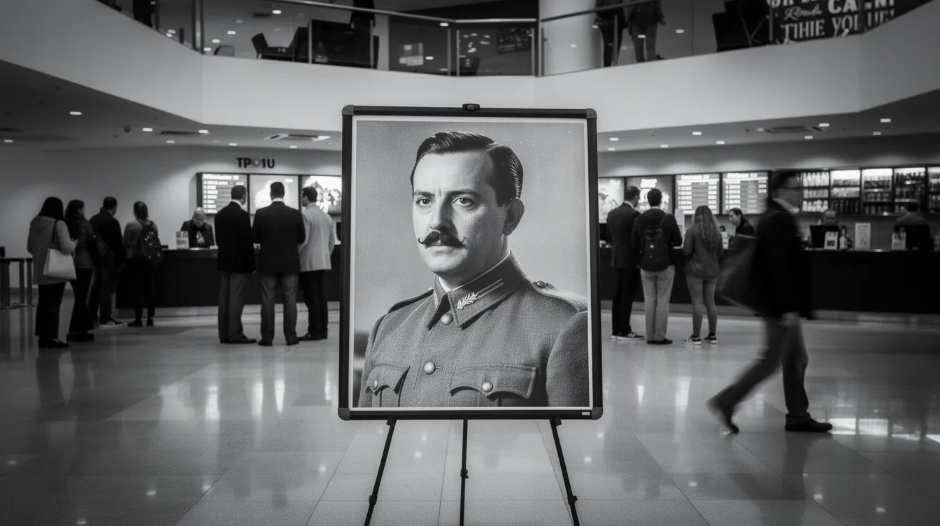Die Schwarzweißfotografie zeigt das Foyer einer modernen Kinorettrospektive mit einem großen Filmplakat, das einen Mann mit kleinem Schnurrbart in Militäruniform darstellt, der an Adolf Hitler erinnert. Im Hintergrund sind Zuschauer zu sehen, die sich für die Filmanalyse von "Der große Diktator" interessieren, einer Satire von Charlie Chaplin, die Themen wie Diktatur und Menschlichkeit behandelt.