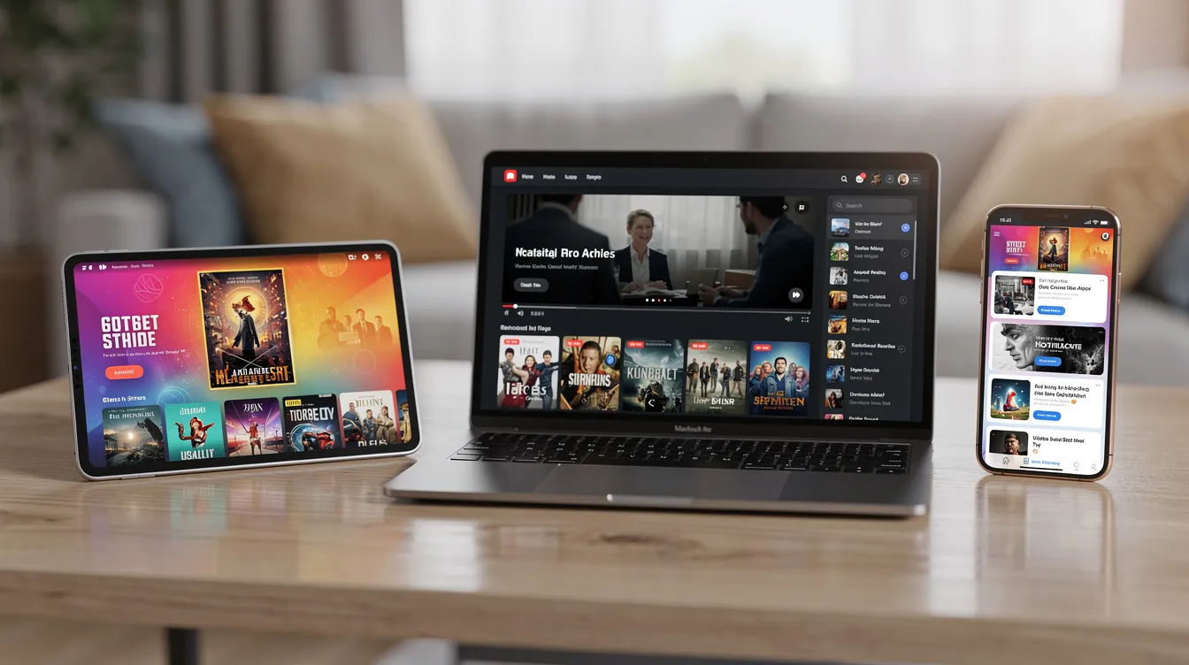 The image features multiple electronic devices, including a smartphone, tablet, and laptop, all showcasing different streaming content, such as films and series. This setup illustrates the versatility of IPTV services, allowing users to access a wide range of channels and on-demand video at any time.