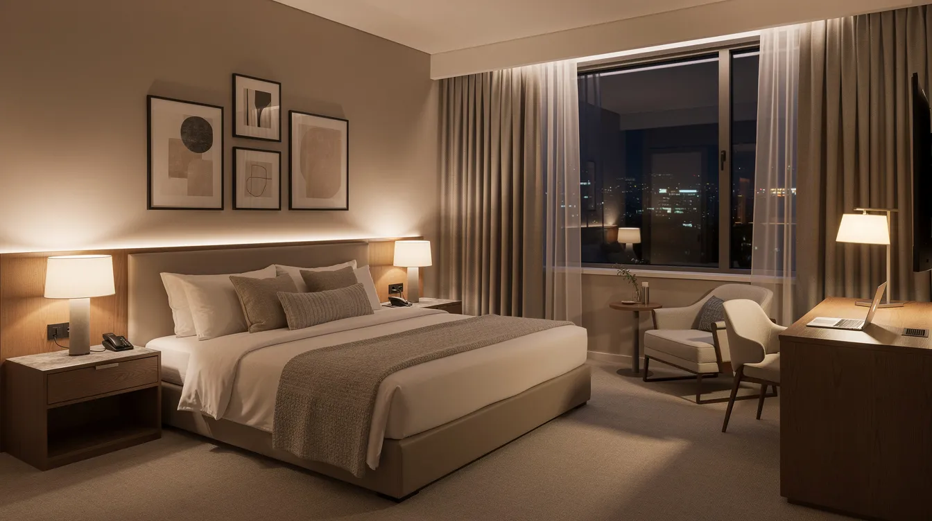 The image depicts a comfortable modern hotel room, featuring soft lighting that creates a relaxed atmosphere, perfect for enjoying an enjoyable experience with an escort. The inviting environment is designed for mutual respect and safety, ensuring both you and your companion can spend quality time together.