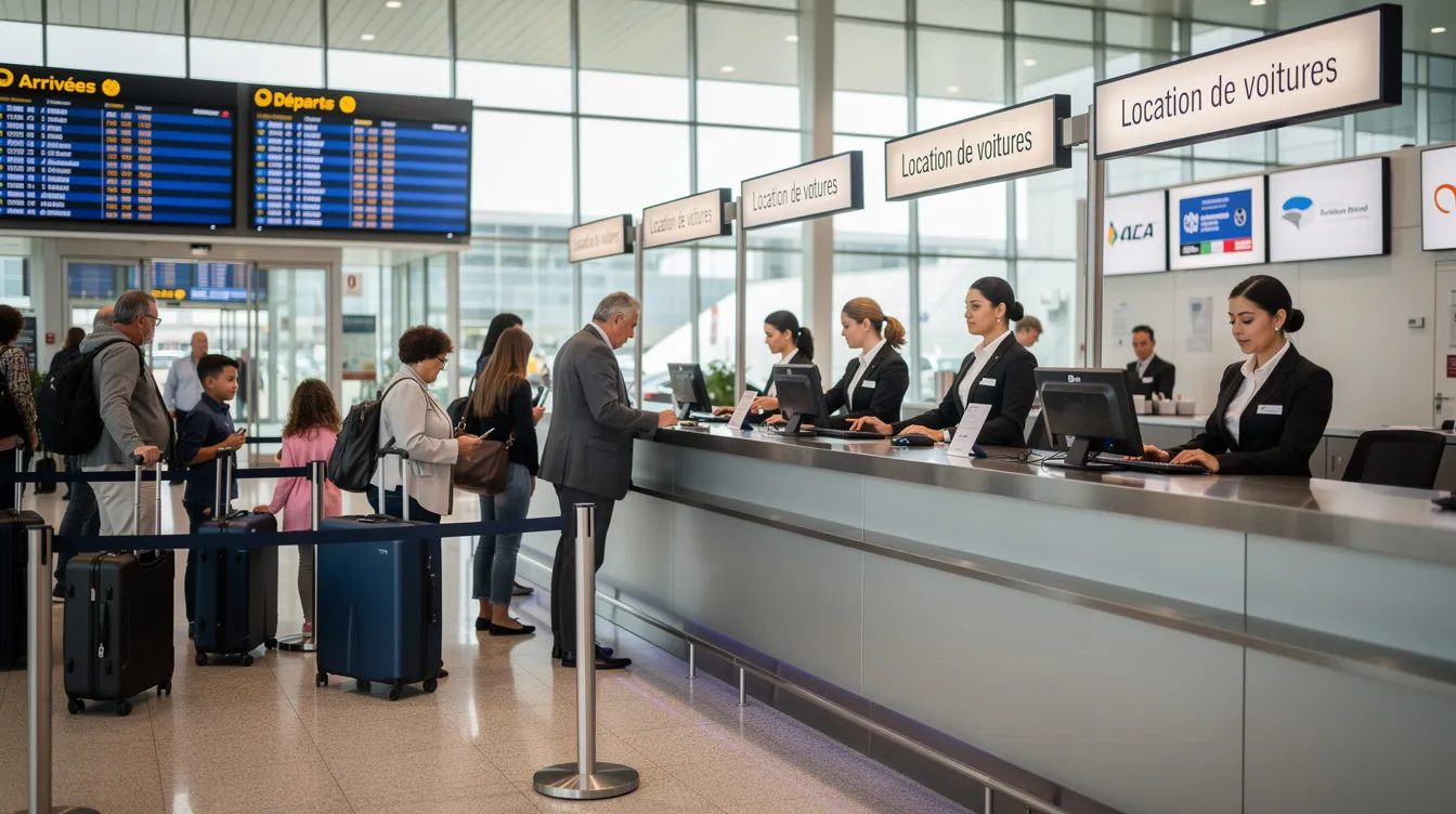 Un comptoir de location de voiture dans un aéroport, où des agents assistent des clients en train de louer une voiture. On peut apercevoir des cartes bancaires sur le comptoir, représentant les moyens de paiement acceptés pour la réservation et la caution.