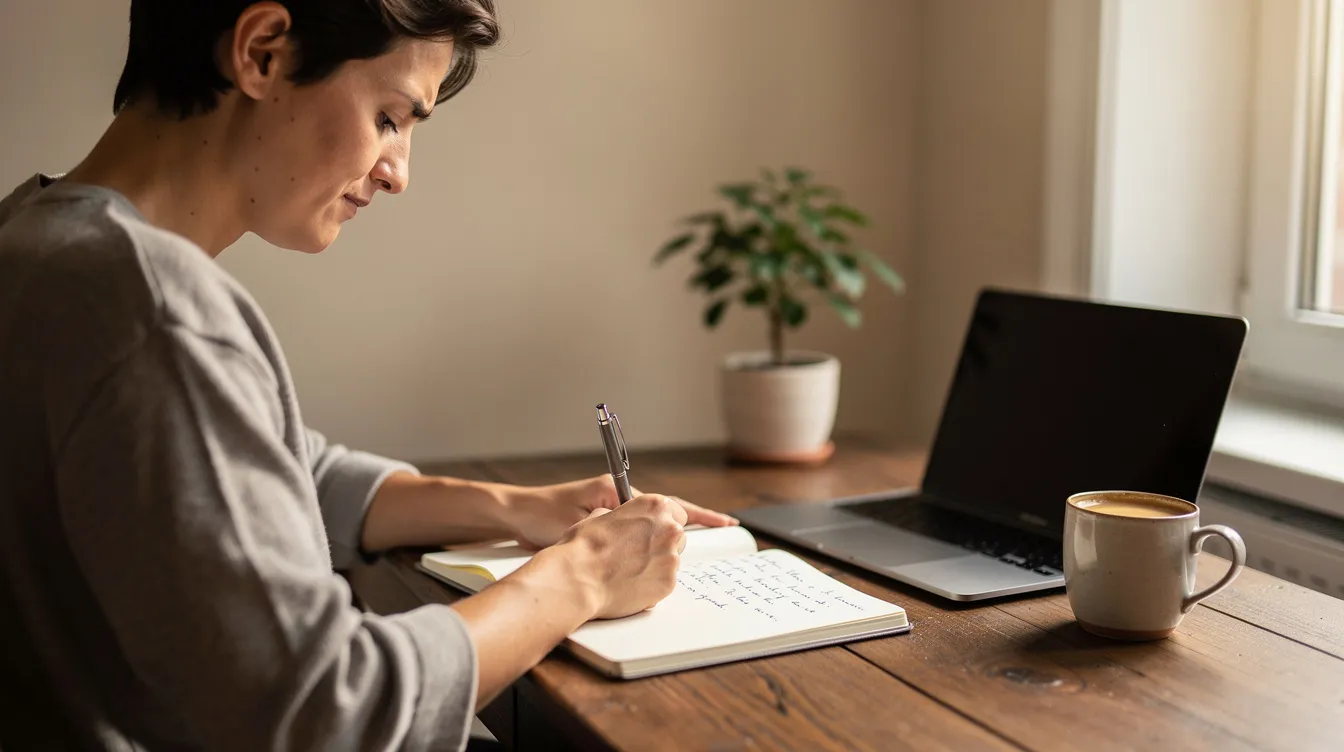 A person sits at a desk, writing in a journal with a thoughtful expression, illuminated by natural light. This scene captures a moment of self-reflection, emphasizing the importance of emotional connection and self-awareness in navigating life's challenges.