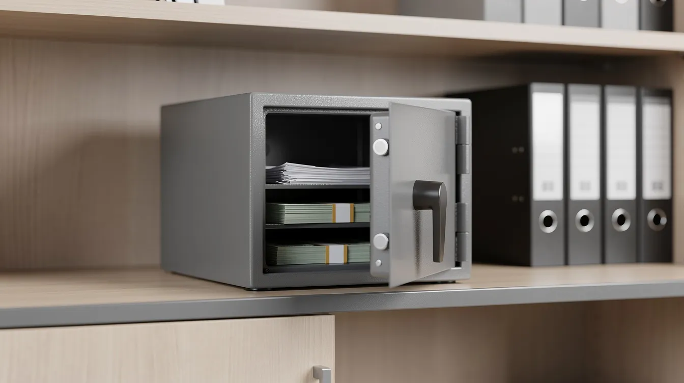 The image features a small metal safe with its door slightly ajar, positioned on an office shelf, indicating a secure place for storing important financial documents like cancelled cheques and account information. The safe symbolizes the importance of safeguarding personal and business account details to prevent fraud and ensure smooth cheque transactions.