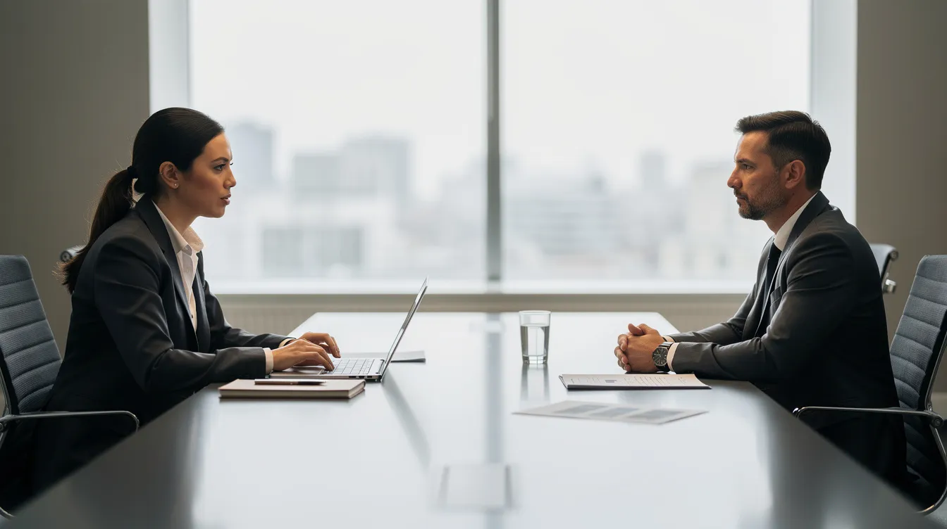 The image depicts a professional interview setting with two individuals seated at a conference table, discussing potential cybersecurity jobs. The atmosphere is formal, highlighting the importance of effective communication in the cybersecurity industry, particularly for roles such as security analysts and information security professionals.