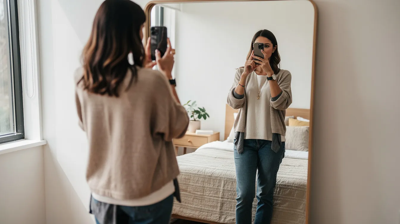 A person stands in front of a full-length mirror in a well-lit bedroom, capturing an outfit selfie that showcases their unique personal style. The scene highlights the importance of experimenting with clothing and finding what suits their body shape, while also reflecting the fun of fashion expression and discovering new trends.