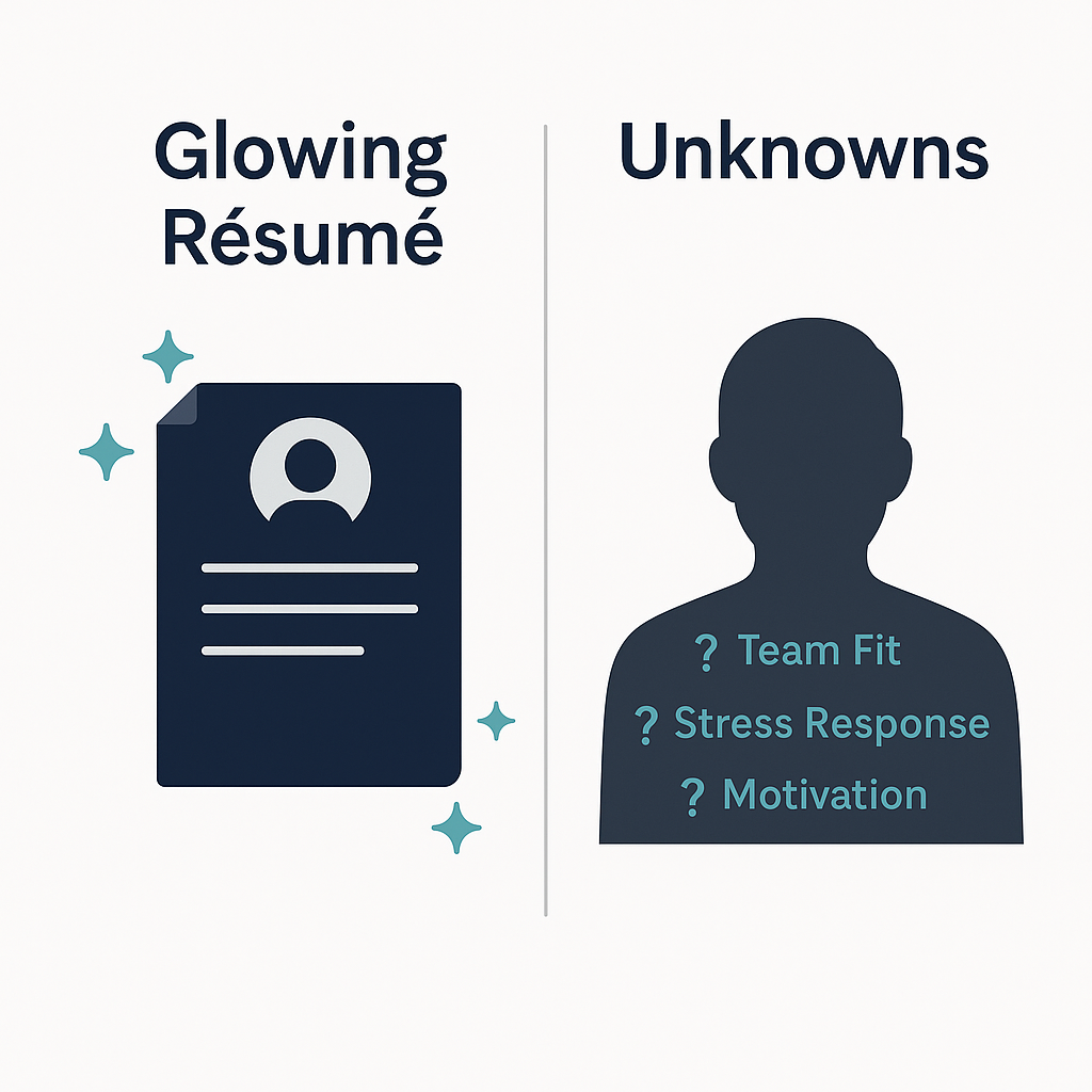 Infographic comparing a glowing résumé on the left with a shadowed human figure on the right labeled “Unknowns.” The résumé is bright with teal sparkles, while the silhouette includes question-mark-labeled traits: Team Fit, Stress Response, and Motivation. The design uses a light gray background with navy and teal elements, illustrating the limitations of traditional hiring methods in a clean, modern style.