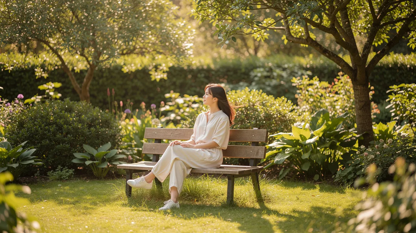 Une femme est assise dans un jardin paisible, entourée de verdure, avec une ambiance lumineuse et apaisante. Cette image évoque un moment de répit et de réflexion, peut-être après une épreuve telle qu'une fausse couche, symbolisant le besoin de soutien et de réconfort.
