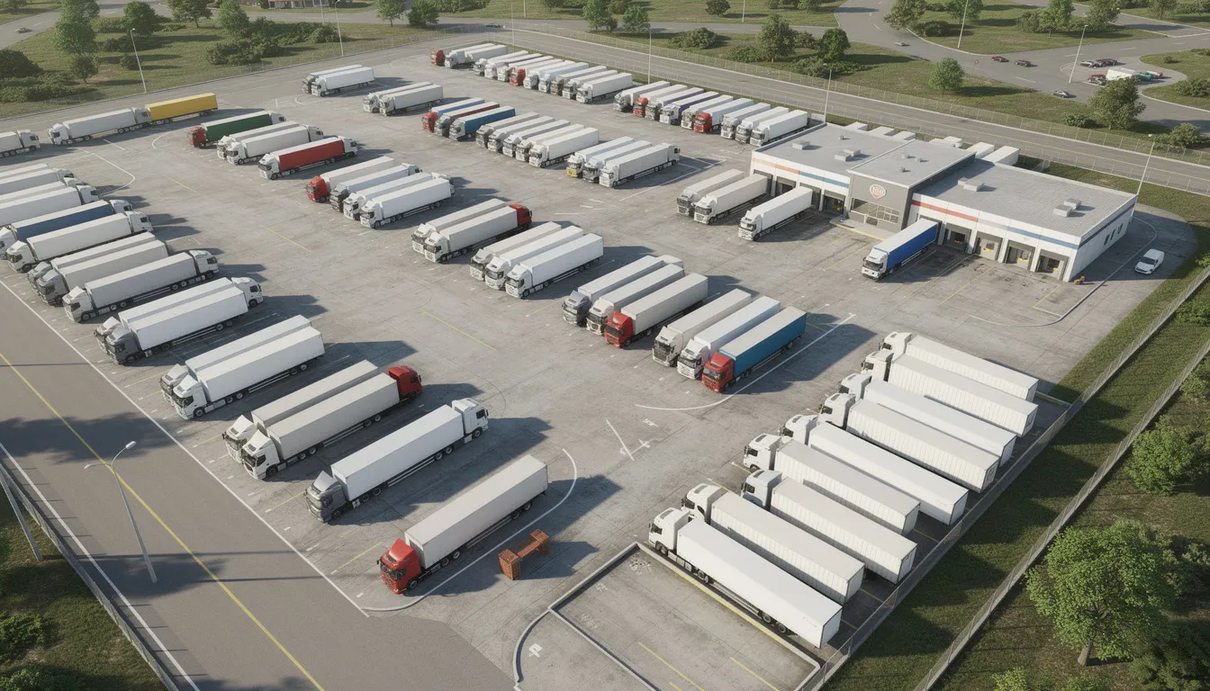 An aerial view of a large commercial truck depot shows dozens of vehicles parked in organized rows, highlighting the efficiency of fleet management. This setup allows fleet managers to effectively oversee operations, ensuring that each vehicle is equipped with telematics technology for improved fuel consumption and driver safety.