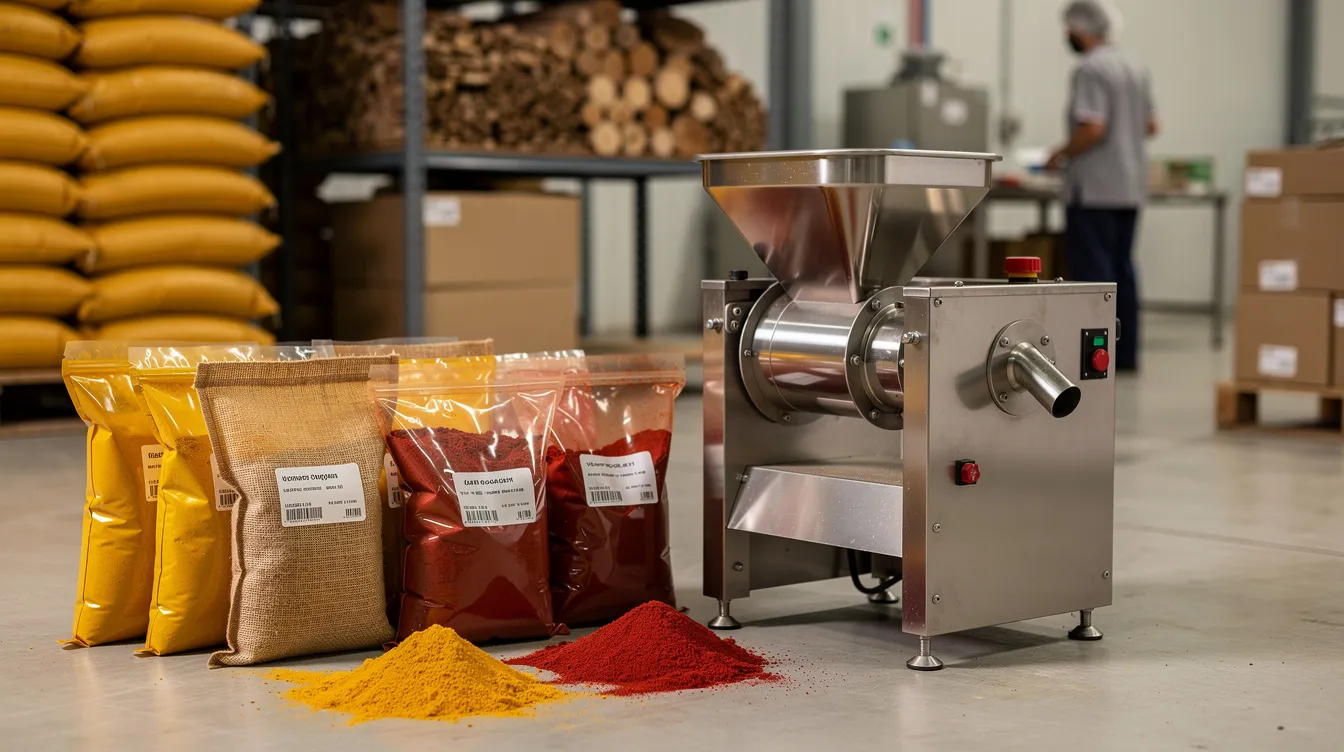 The image shows a small spice grinding machine positioned in a factory setting, surrounded by bags of turmeric and chili, which are essential for commercial manufacturing processes. This setup highlights the micro enterprise's focus on spice production, relevant for business plans and project reports in the food processing industry.