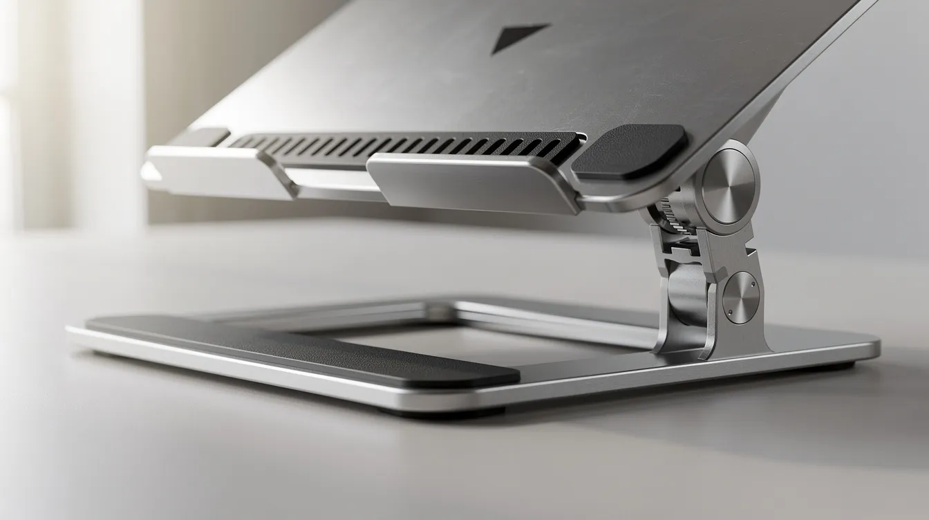 Die Nahaufnahme zeigt einen stabilen Laptopständer aus Aluminium, der mit Belüftungsschlitzen und Gummipads ausgestattet ist. An der Seite befindet sich ein Verstellmechanismus, der eine ergonomische Haltung und eine optimale Position für den Bildschirm ermöglicht.