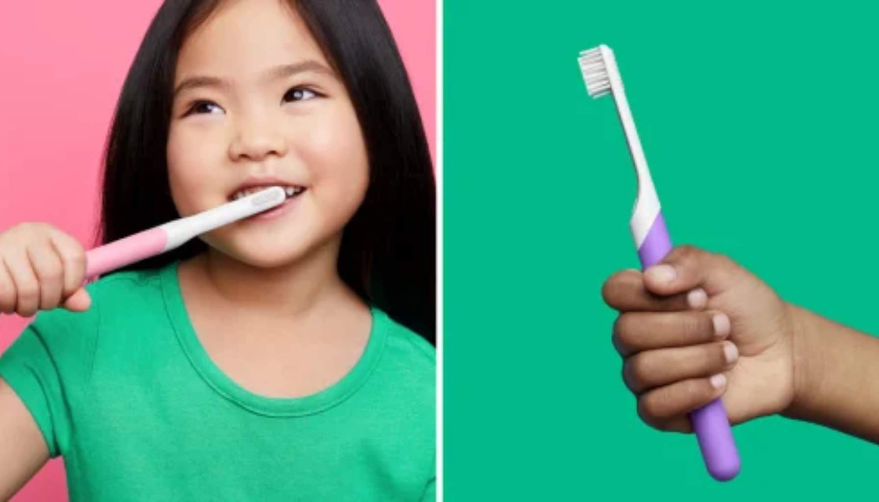 Elektrisk tannbørste for barn – Den smarte veien til bedre tannhelse 20 "Barn pusser tennene med rosa tannbørste, ved siden av hånd som holder lilla tannbørste."