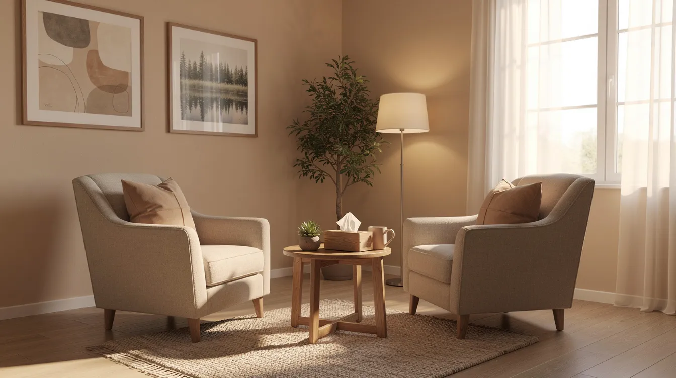 The image depicts a warm and welcoming counselling office featuring two comfortable chairs facing each other near a window, creating an inviting space for meaningful conversations about mental and physical health and healthy relationships. This setting encourages individuals to engage in open discussions, fostering emotional connection and support between partners or friends.