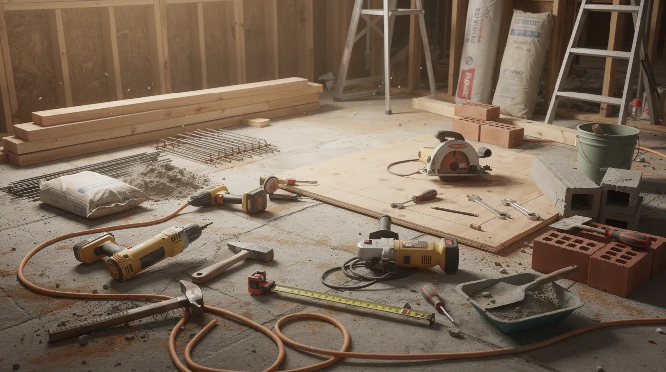 The image depicts a worksite floor cluttered with various construction tools and building materials, essential for house flipping and renovation projects. This environment showcases the preparation stage for real estate investors looking to maximize profit margins through effective home flipping activities.