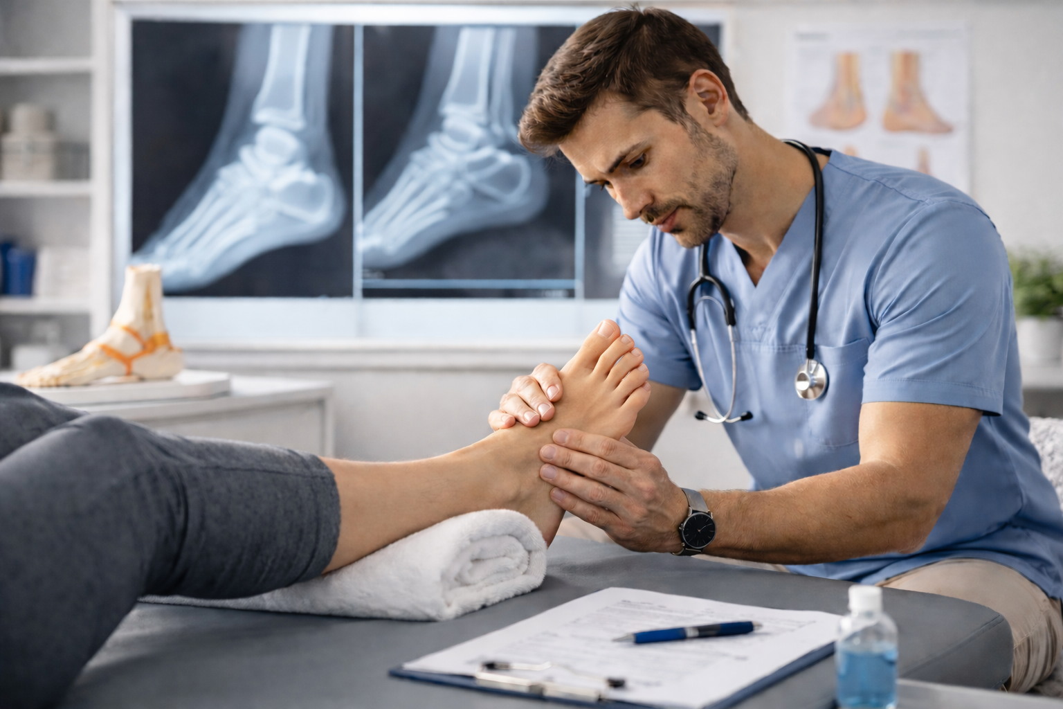 Medical professional examining a patient’s foot during a foot and ankle evaluation