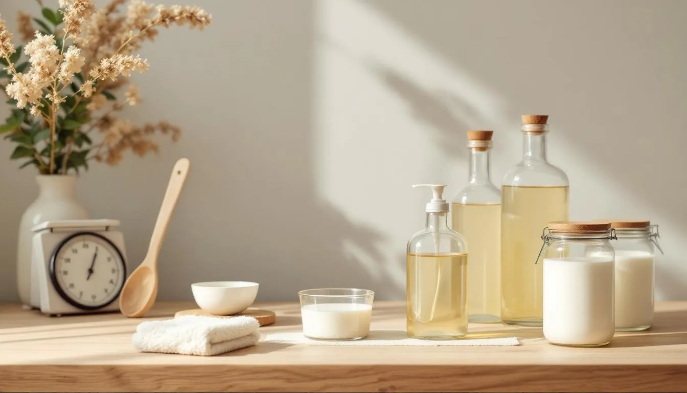 Ingredients and tools for DIY zero waste liquid soap preparation on a kitchen counter.