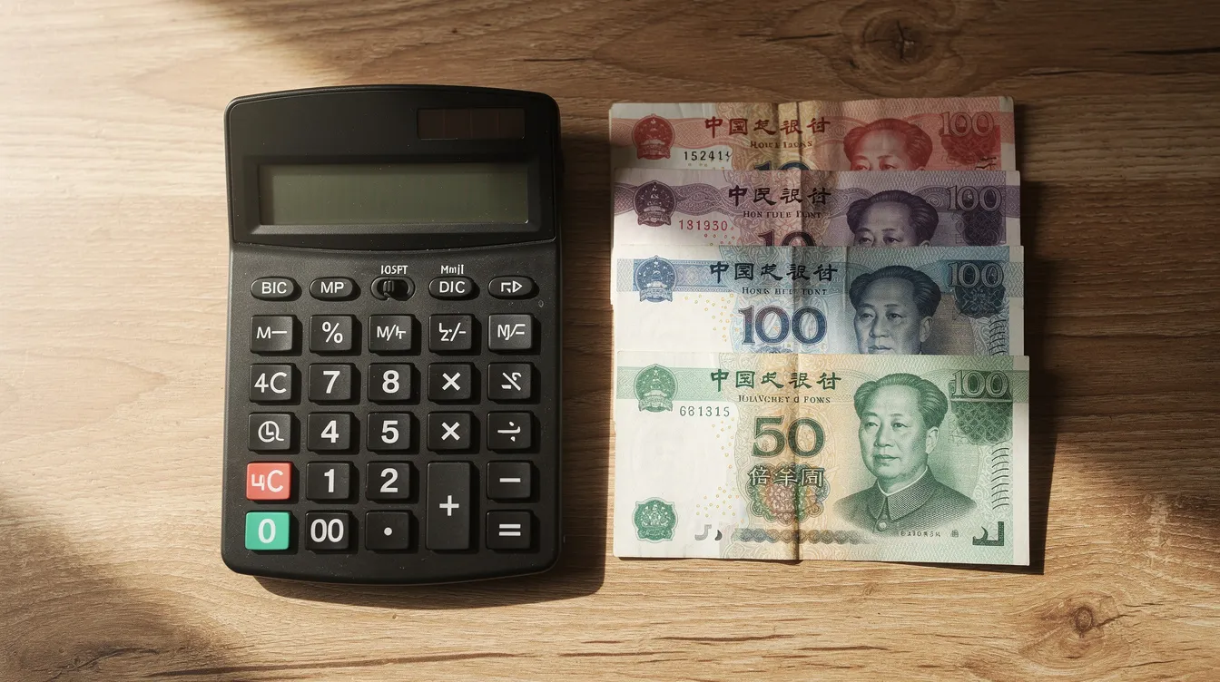A calculator sits next to a stack of Hong Kong dollar banknotes on a wooden desk, suggesting a financial setting where calculations for "私人 貸款" or monthly repayments might take place. The scene evokes a sense of budgeting and planning, possibly related to loan applications and interest rates.