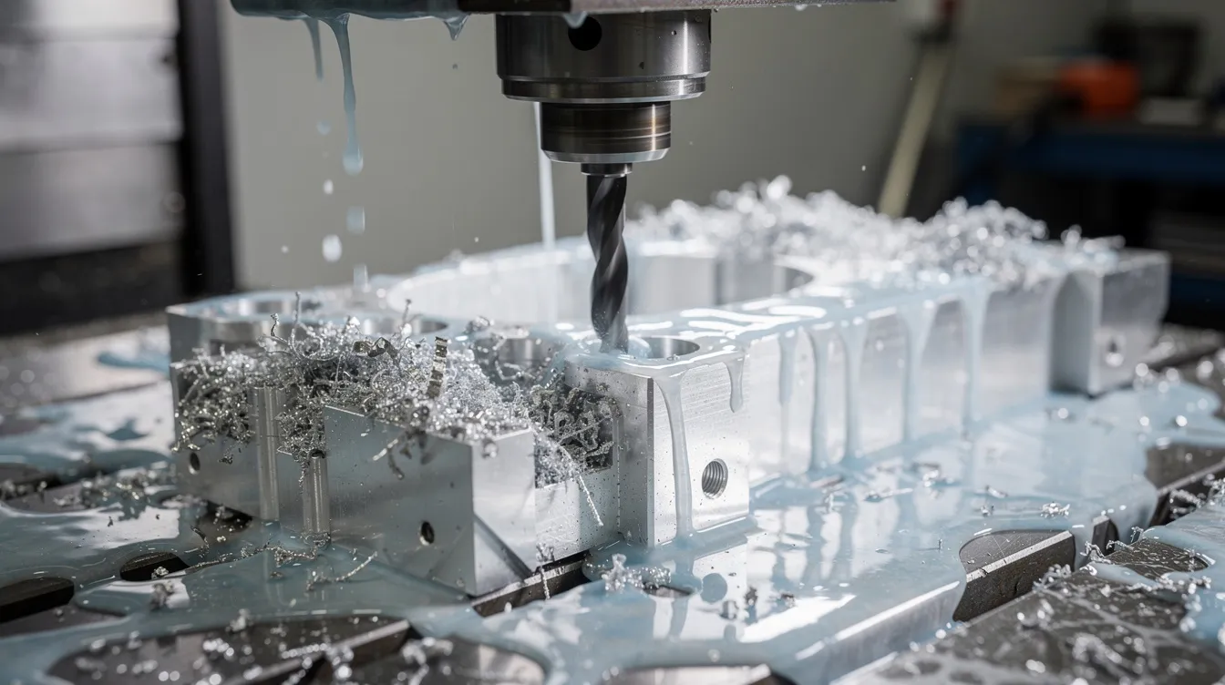A CNC milling machine is actively cutting a precision aluminum component, with coolant flowing over the workpiece to maintain optimal temperature during the CNC machining process. This image showcases the intricate manufacturing process involved in creating custom CNC machined parts with tight tolerances.