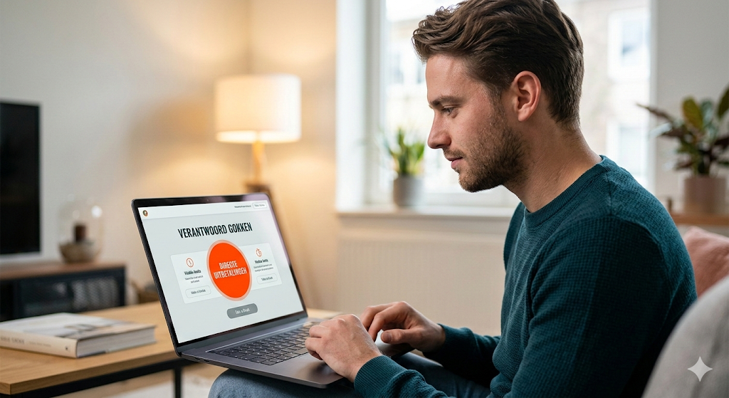 Speler gebruikt een online casino van Nederland op laptop en bekijkt opties voor direct uitbetalen, voorbeeld van snelle uitbetaling bij online casino’s met verificatie en verantwoord online gokken.