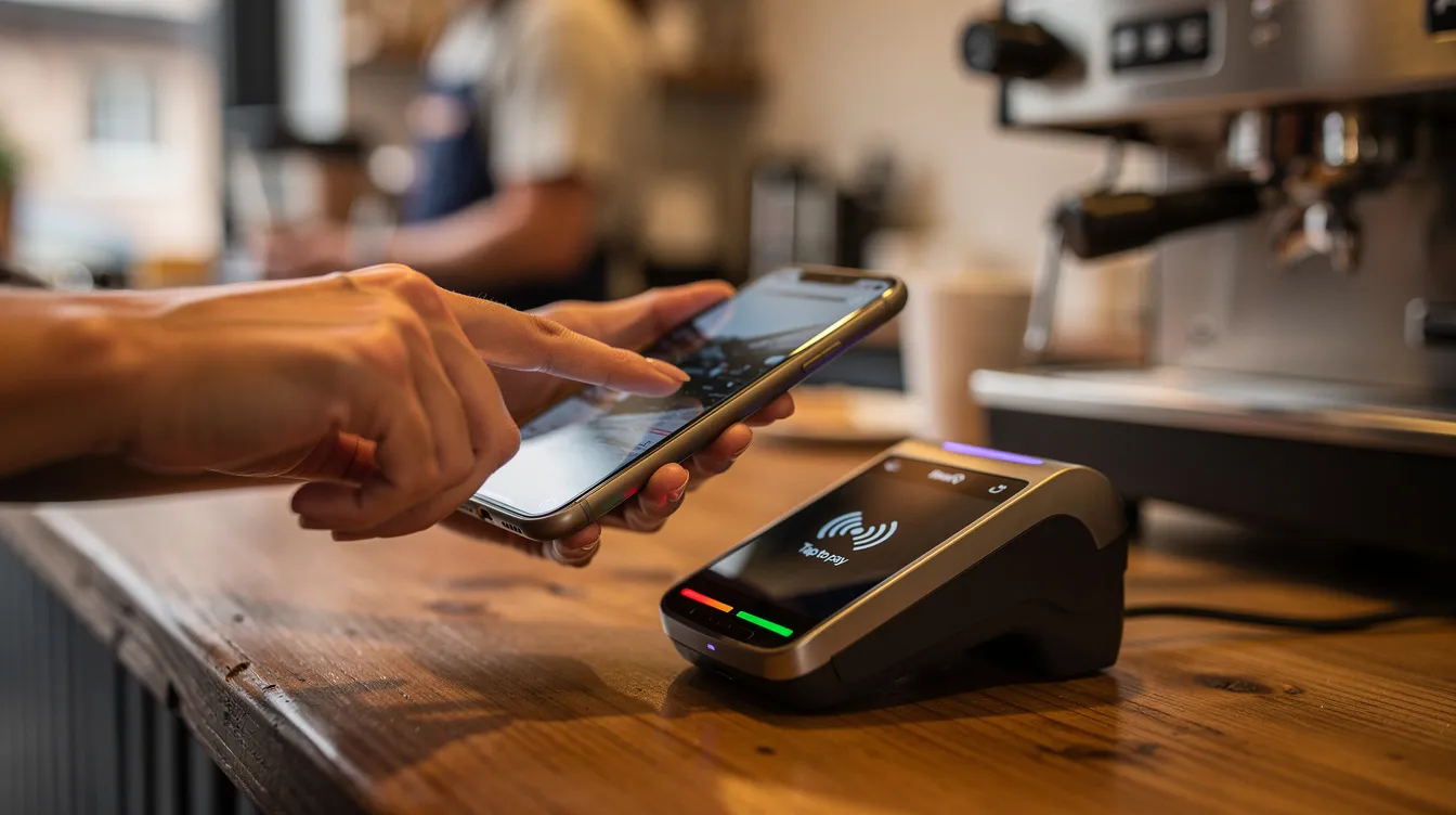 A person is tapping their smartphone on a contactless payment terminal at a coffee shop counter, showcasing the convenience of digital payment solutions in the financial services industry. This scene highlights the growing use of mobile payment apps as part of the fintech innovation transforming everyday transactions.