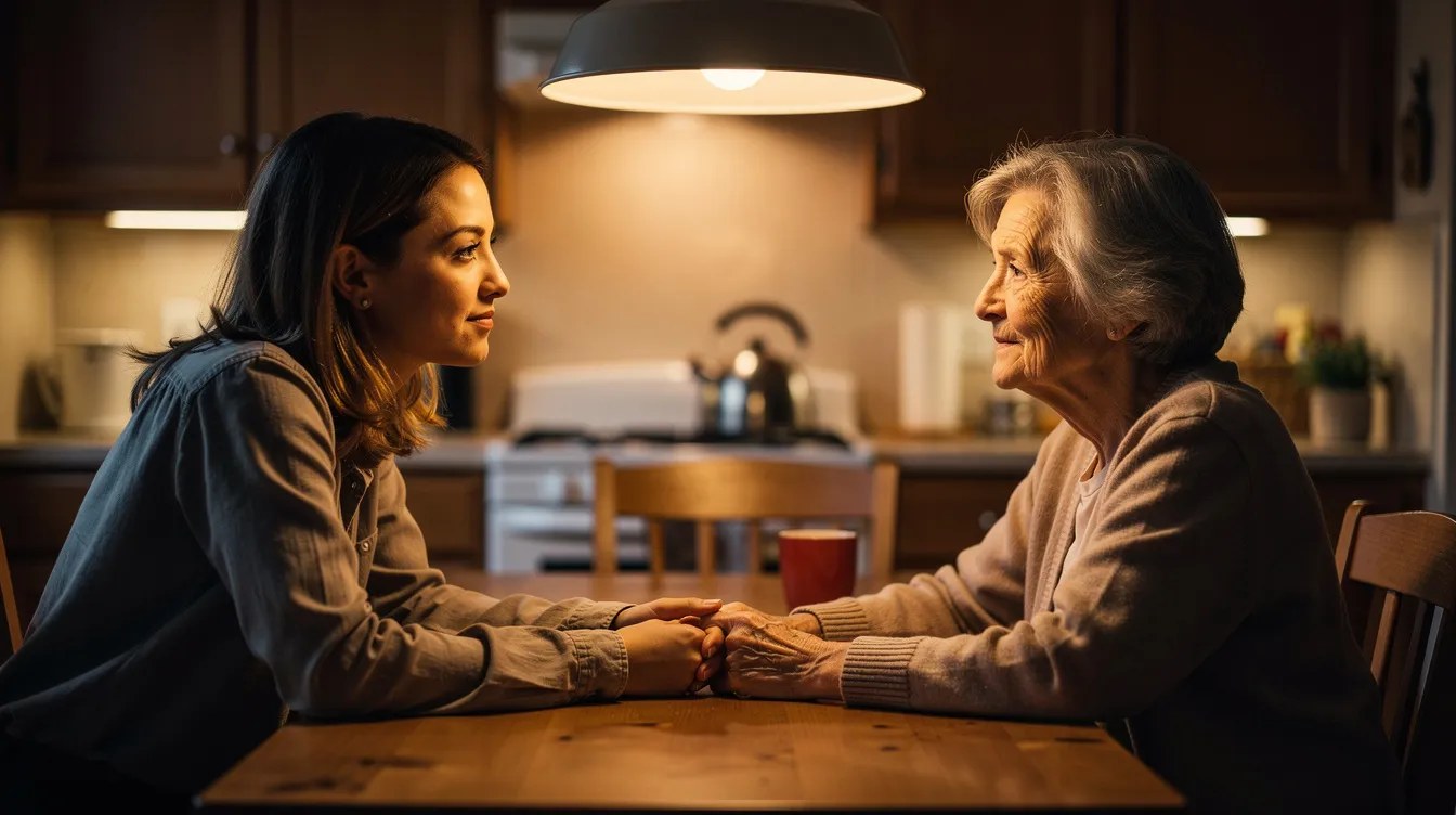 An adult daughter and her elderly mother sit calmly at a warm kitchen table in the evening, reflecting the emotional bond of family caregivers as they navigate the challenges of caregiving responsibilities together. The cozy atmosphere highlights the importance of self-care and support in managing caregiver stress while caring for loved ones.