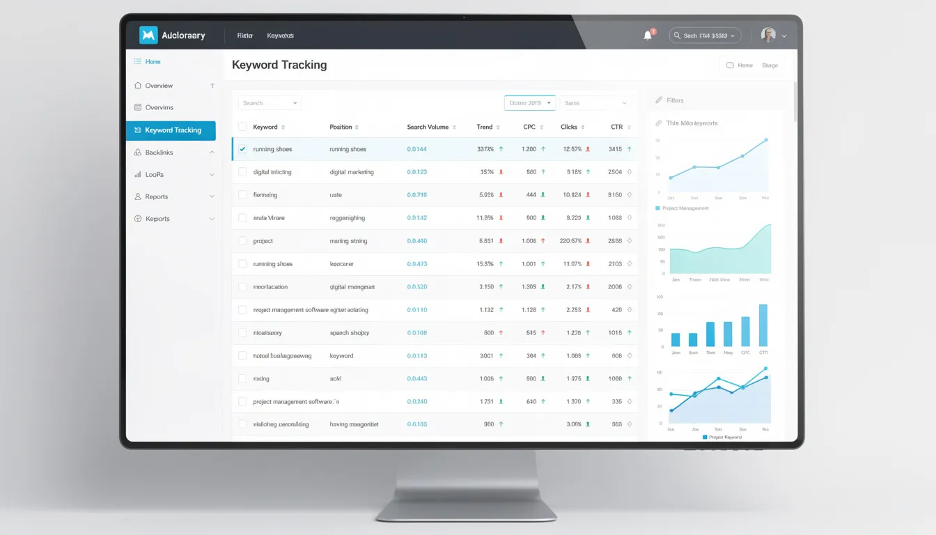 An analytics dashboard displays a keyword tracking interface, showcasing various metrics related to digital marketing efforts such as search engine rankings and user behavior. This robust platform provides valuable insights for digital marketers to optimize their marketing strategies and improve campaign performance.