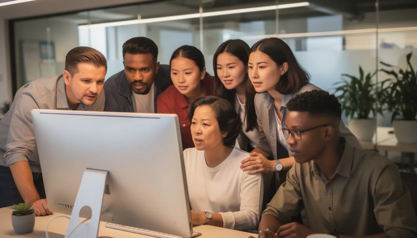 A diverse group of adults is gathered around a computer screen, collaborating and discussing as they prepare for the Australian citizenship test. Their engagement reflects a shared commitment to understanding Australian values and enhancing their knowledge for success in the citizenship practice test.
