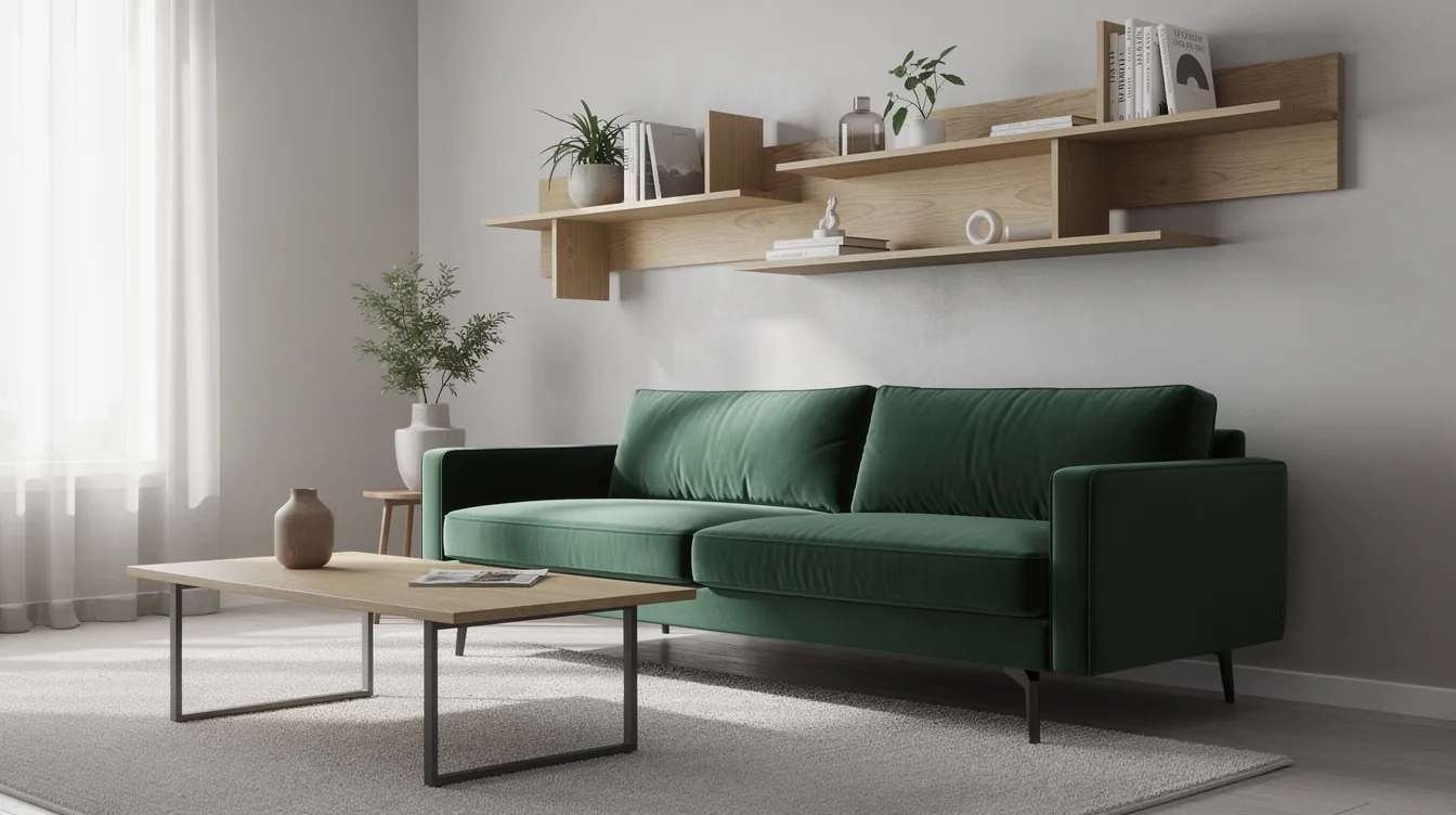 En nätt bäddsoffa i dov grön sammet står i ett modernt vardagsrum, omgiven av väggmonterade hyllor. Soffan är designad för att fungera både som en sittplats och en sovplats, vilket gör den till ett praktiskt val för hemmet.