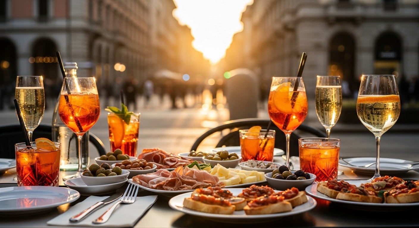 Milan aperitivo table with drinks and small plates at sunset