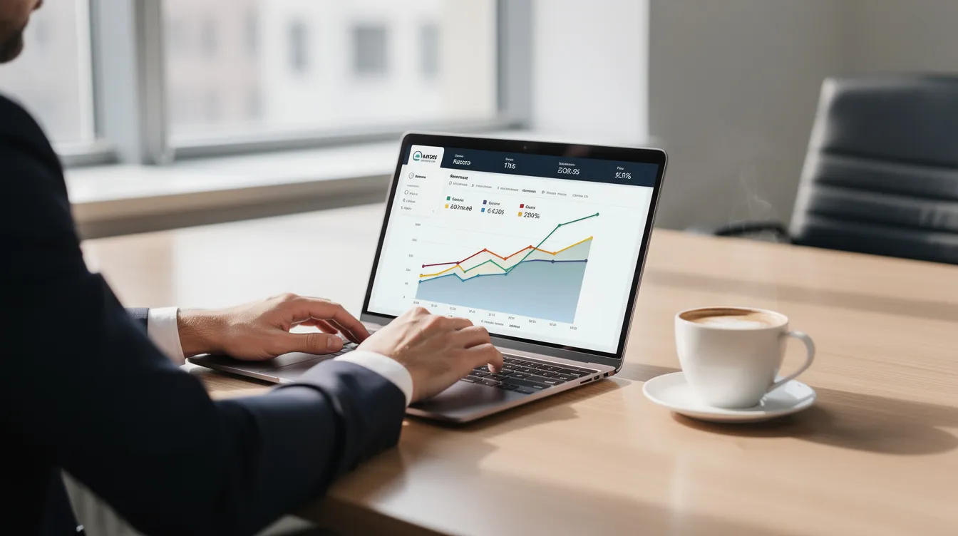 A person is focused on analyzing business metrics on their laptop, with a cup of coffee beside them, likely assessing key factors such as profit margins and average order value to enhance their dropshipping business. The scene suggests a thoughtful approach to optimizing their pricing strategy and marketing efforts for better dropshipping profits.