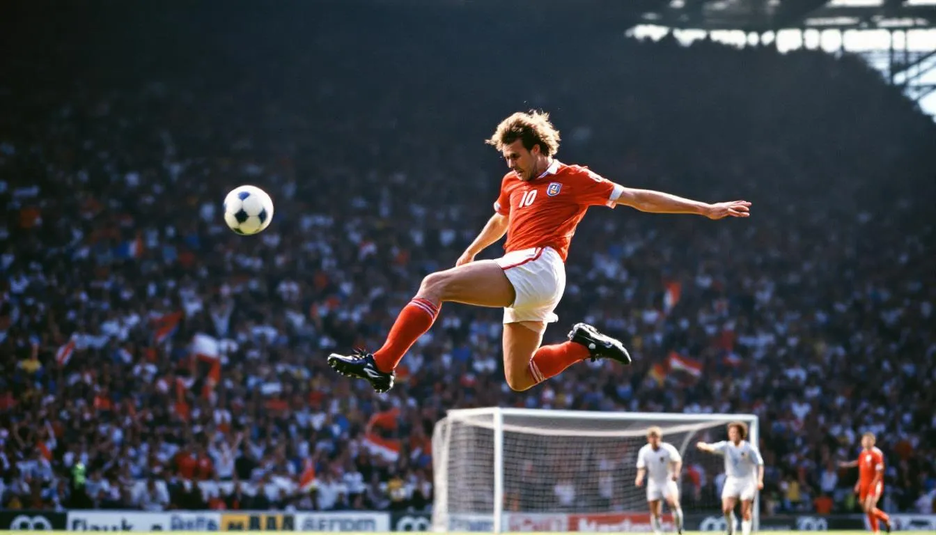 Wizerunek Marco van Bastena wykonującego swój legendarny wolej w finale Euro 1988, który stał się jednym z najważniejszych momentów w historii mistrzostw europy w piłce nożnej mężczyzn. Jego niezwykła technika i precyzyjne uderzenie przyczyniły się do zdobycia tytułu mistrzów europy przez reprezentację Holandii.
