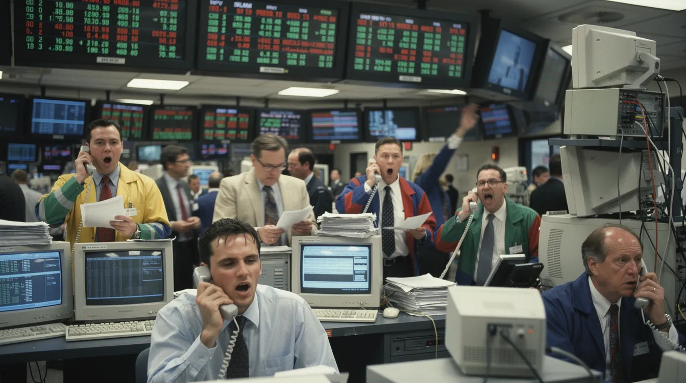 The image depicts a bustling stock market trading floor from the late 1990s, filled with traders actively engaging with electronic screens displaying stock prices and market data. This scene reflects the excitement of the dot com era, a time characterized by rapid revenue growth and the rise of technology companies, setting the stage for discussions about the potential AI bubble and its implications for the future of the financial markets.