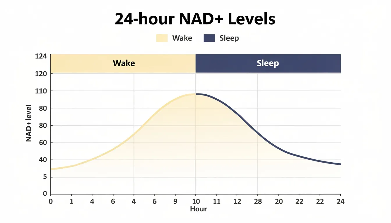 The image depicts a graph illustrating the 24-hour curve of NAD+ levels, with distinct markings for wake and sleep phases, highlighting the importance of timing for nmn supplementation to optimize energy production and support healthy aging. The graph visually represents how NAD+ levels fluctuate throughout the day, aligning with the body’s natural circadian rhythm.