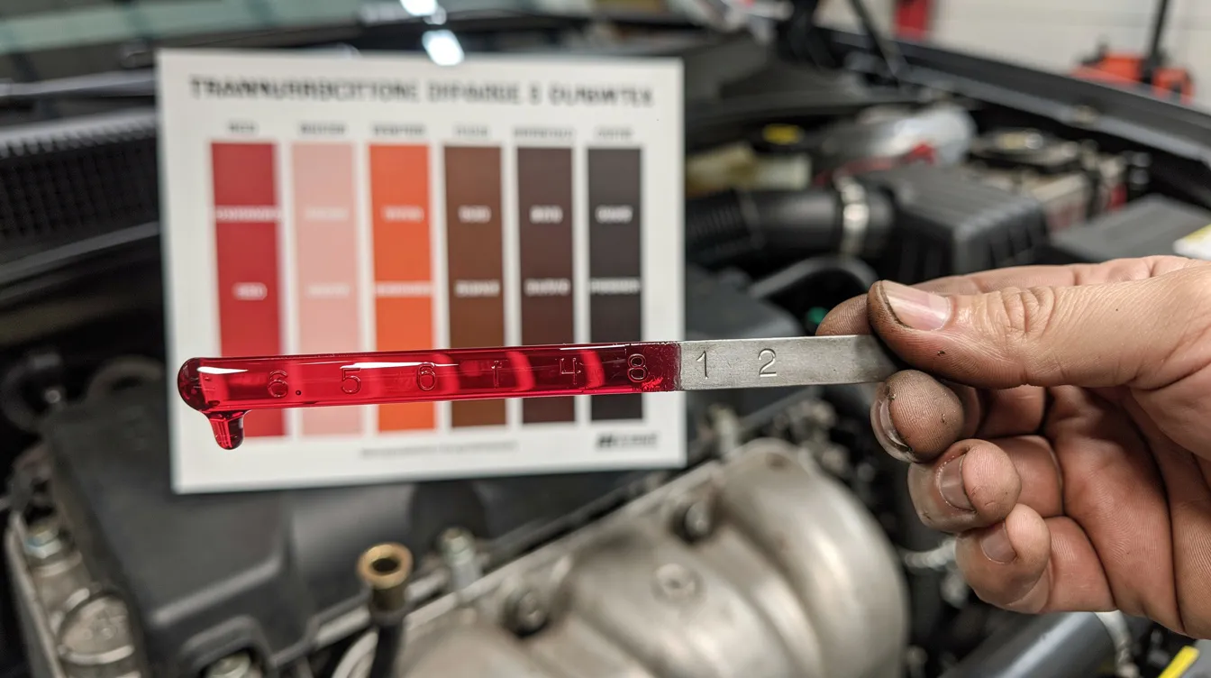 A close-up view of a dipstick being pulled from a vehicle's transmission, showing the color of the transmission fluid for comparison. This image highlights the importance of checking transmission fluid as part of regular maintenance to prevent transmission problems and costly repairs.