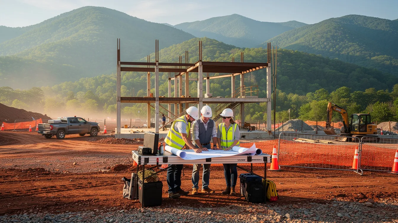 The image depicts a bustling construction site set against a mountainous Tennessee landscape, where workers are intently reviewing blueprints, possibly discussing important details related to trade secrets and project specifications. This scene emphasizes the importance of confidentiality and trade secret protection in the construction industry.