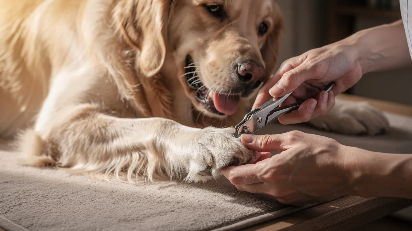 A person is gently trimming one of a golden retriever's long nails with plier-style clippers while the dog rests comfortably on a mat, ensuring the dog's nails are safely maintained for better health. The scene emphasizes the importance of regular nail trimming to prevent overgrown nails and maintain the dog's overall well-being.