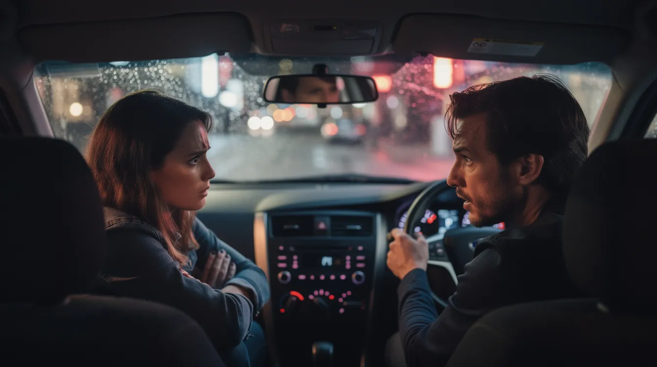 A couple sits in a car, visibly arguing, highlighting red flags in their relationship. The tension suggests they may not be on the same page regarding their dating expectations and interests, signaling potential deal breakers for their first date.