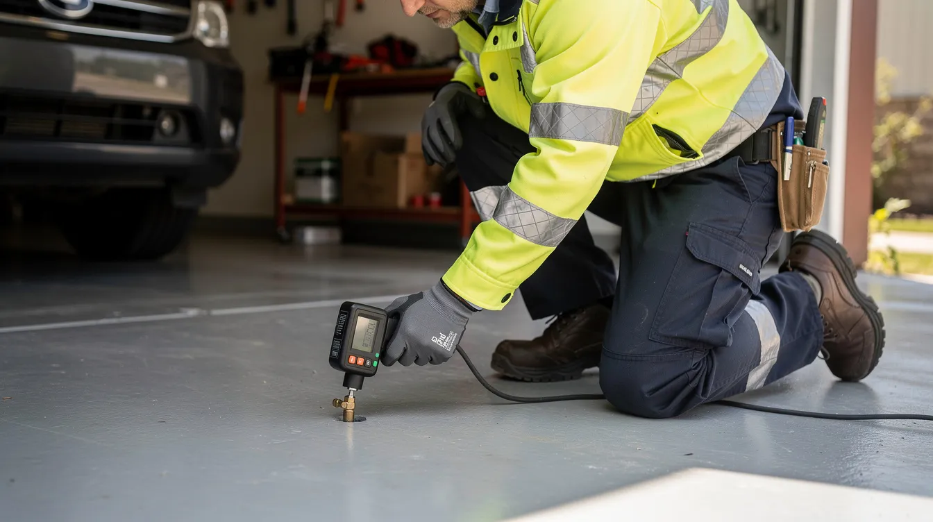 A professional plumber in hi-vis clothing using a handheld tracer gas detector on a concrete garage floor to locate hidden water leaks.