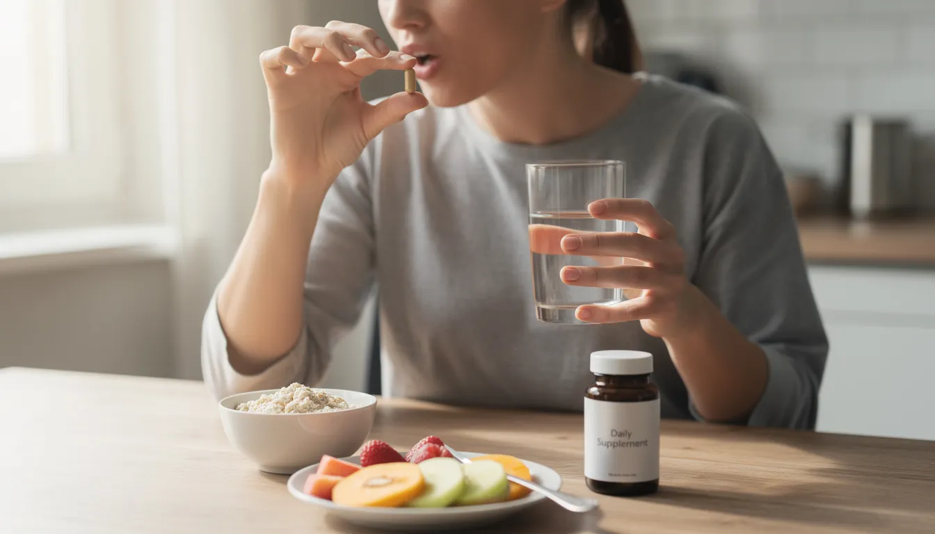 A person sits at a breakfast table, taking an NMN supplement capsule with a glass of water, highlighting the morning intake of this supplement known for its potential anti-aging benefits and support for cellular energy production. The scene emphasizes the importance of consistency in daily routines for optimal health and energy levels.