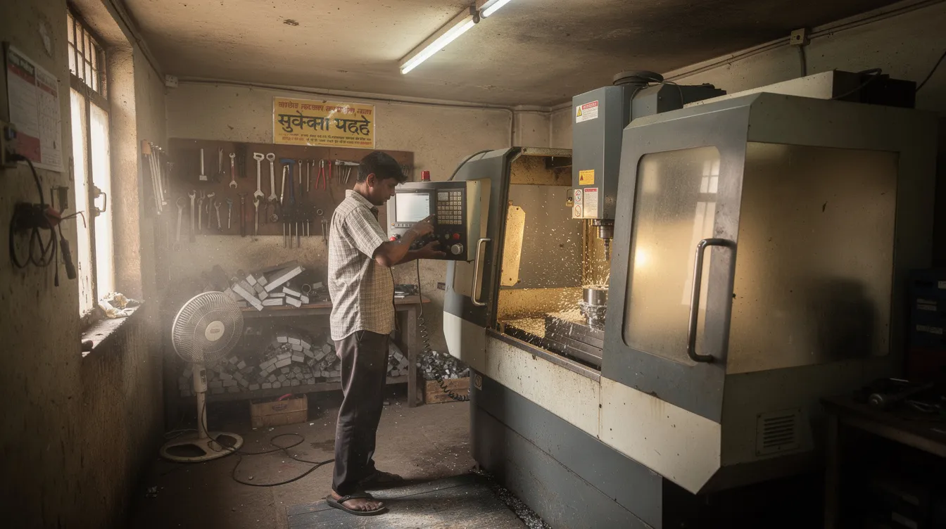 2b2e1732 3980 472c 819d f5524c073569 The image shows a CNC machine operating in a small Indian manufacturing workshop, highlighting the use of advanced technology in micro enterprises. This setting reflects the entrepreneurial spirit supported by the Pradhan Mantri Mudra Yojana, which provides financial assistance to small businesses through collateral-free loans.
