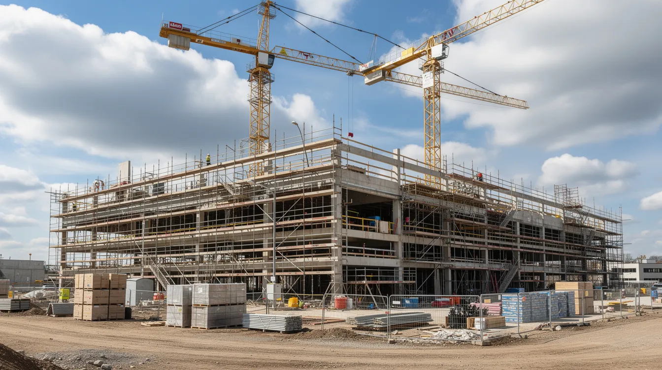 The image depicts a large commercial building under construction, surrounded by scaffolding and cranes, set against a partly cloudy sky. This scene reflects the complexities of construction projects, where various stakeholders must navigate potential disputes and contractual obligations to ensure successful project delivery.
