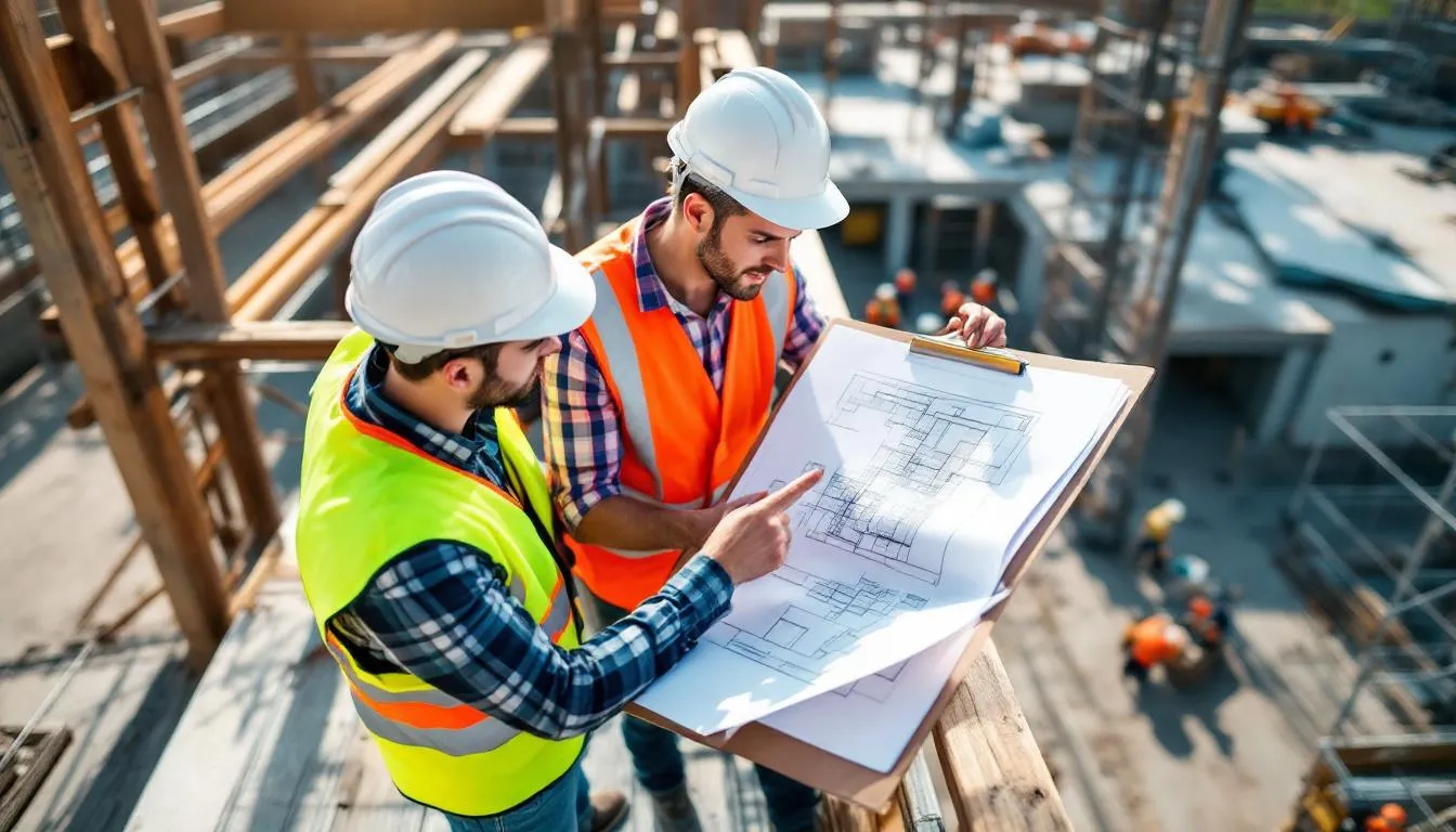 Two architects are gathered at a construction site, intently reviewing building plans laid out on a table. They are discussing the design and regulations necessary for the project, highlighting the importance of compliance with professional standards and government mandates in the architecture profession.