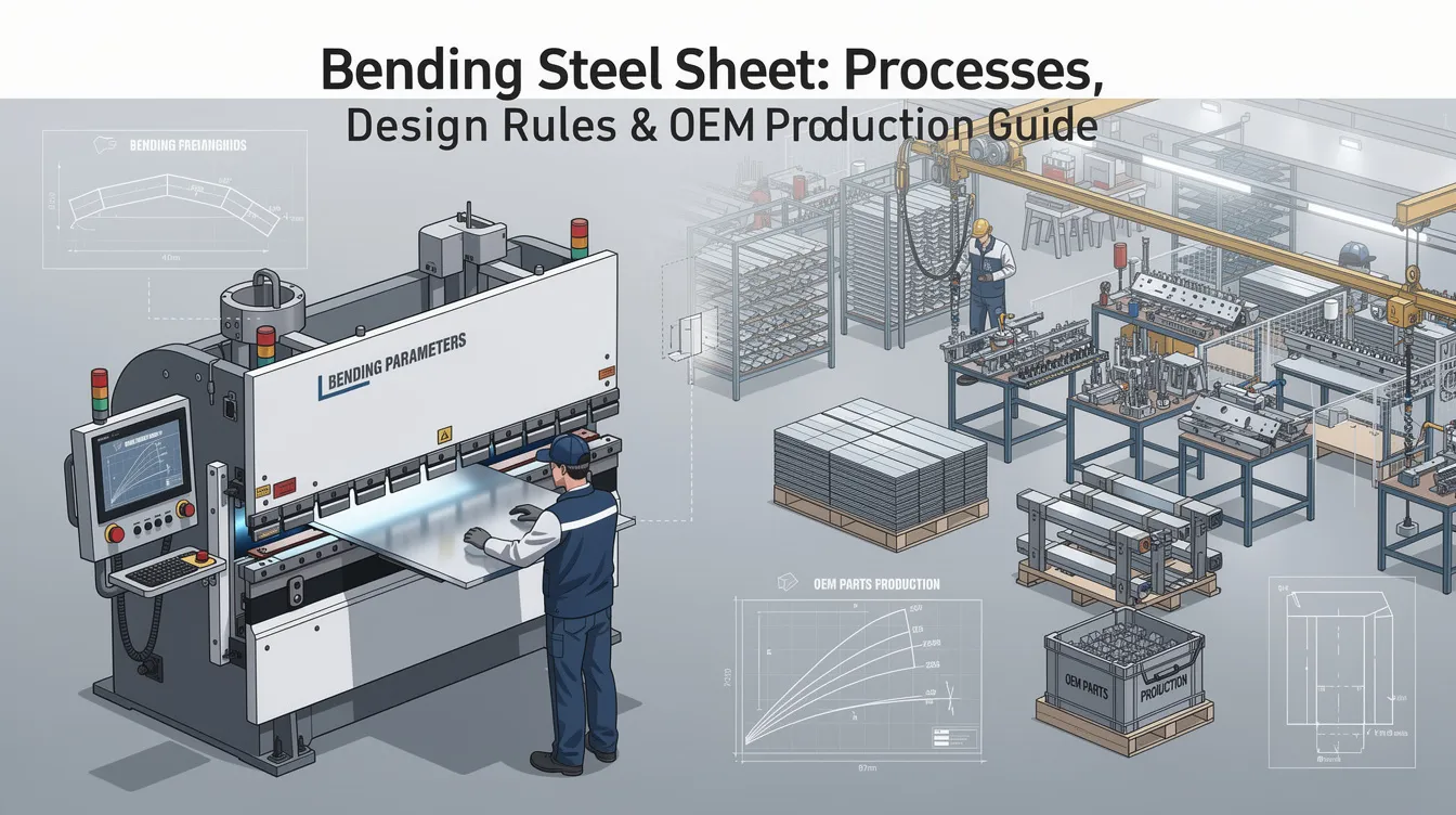 The image depicts a detailed guide on bending steel sheets, showcasing various sheet metal bending processes, design rules, and the use of a sheet metal brake. It highlights the importance of tight tolerances and the bending process for producing high-quality bent parts from mild steel and aluminum.