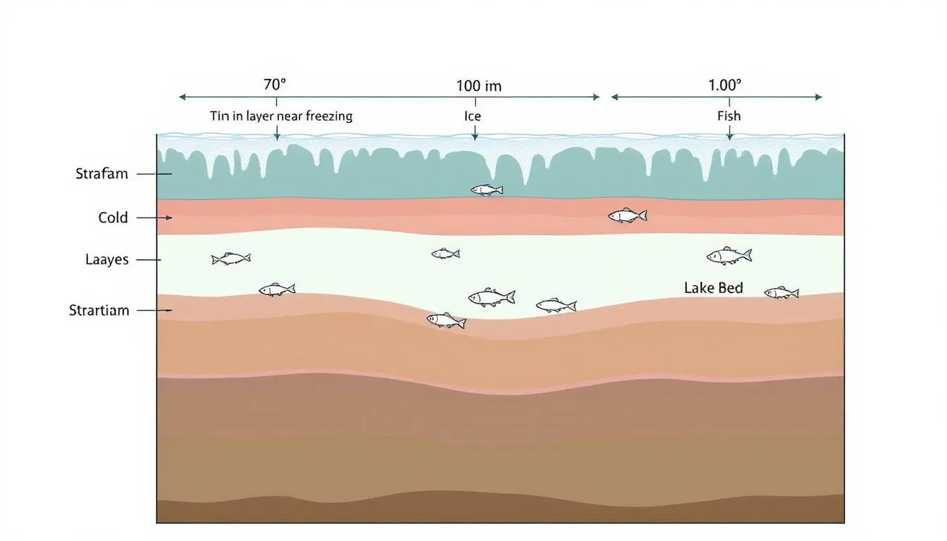 Przekrój zimowego jeziora ukazuje różne warstwy temperaturowe oraz rozmieszczenie ryb na różnych głębokościach, co jest istotne dla udanego łowienia ryb zimą. Widać, jak spowolniony metabolizm ryb wpływa na ich aktywność w chłodnej wodzie, co jest kluczowe dla doświadczonych wędkarzy poszukujących gatunków ryb w trudnych zimowych warunkach.