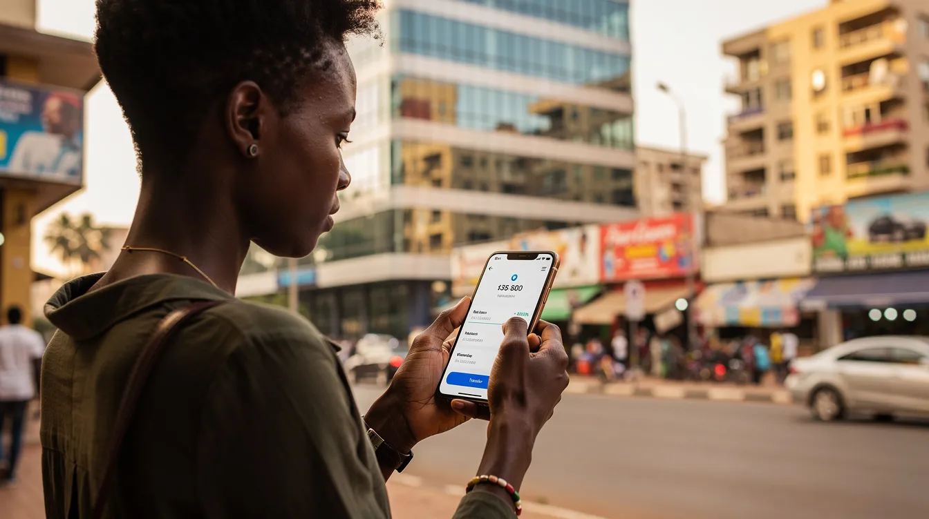 A person is using a smartphone banking application in a modern African city, showcasing the rise of digital banking services in the banking sector. The image reflects the convenience and accessibility of banking in Togo, highlighting the importance of technology in financial transactions.