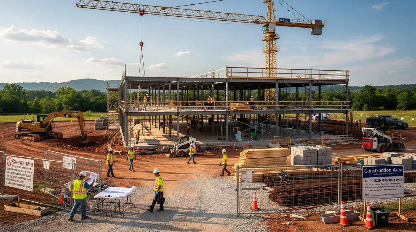 Construction workers and heavy equipment on an active commercial job site.