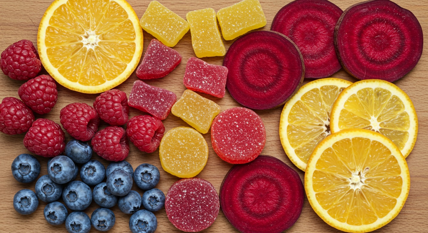 Swedish candies placed alongside natural ingredients, showcasing the use of real, plant-based coloring and flavors