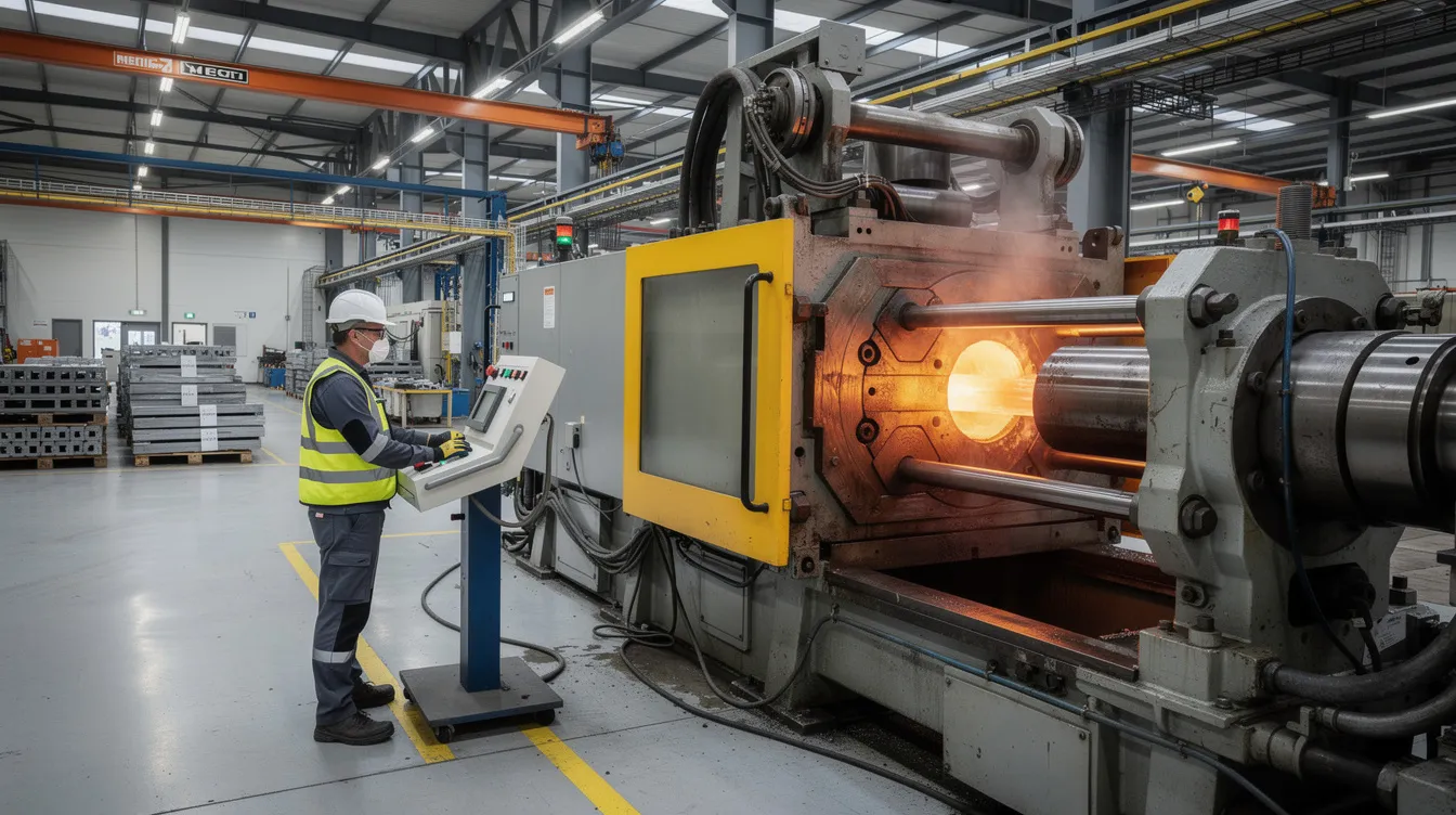 The image depicts an industrial die casting machine in a factory, with a worker skillfully operating the controls. This scene highlights the die casting process, where molten metal is poured into molds to create complex parts with tight tolerances, showcasing the efficiency of modern manufacturing techniques.