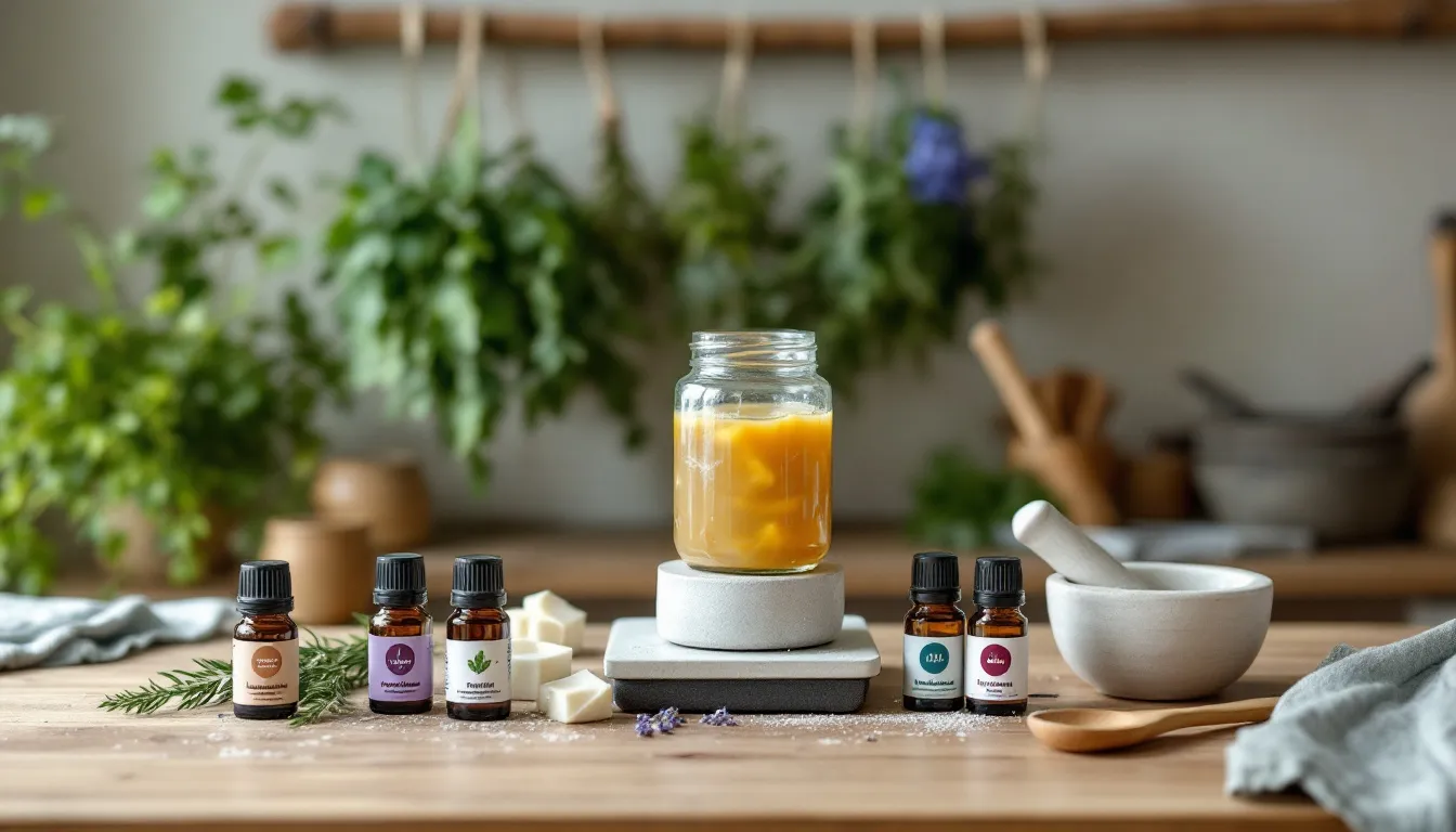 In the image, a person is making a homemade skin lotion, combining hoogwaardige cbd olie, kokosolie, and shea butter in a glass pot. The scene captures the process of mixing various ingrediënten, highlighting the nourishing properties of cbd huidverzorging for a zachte huid.