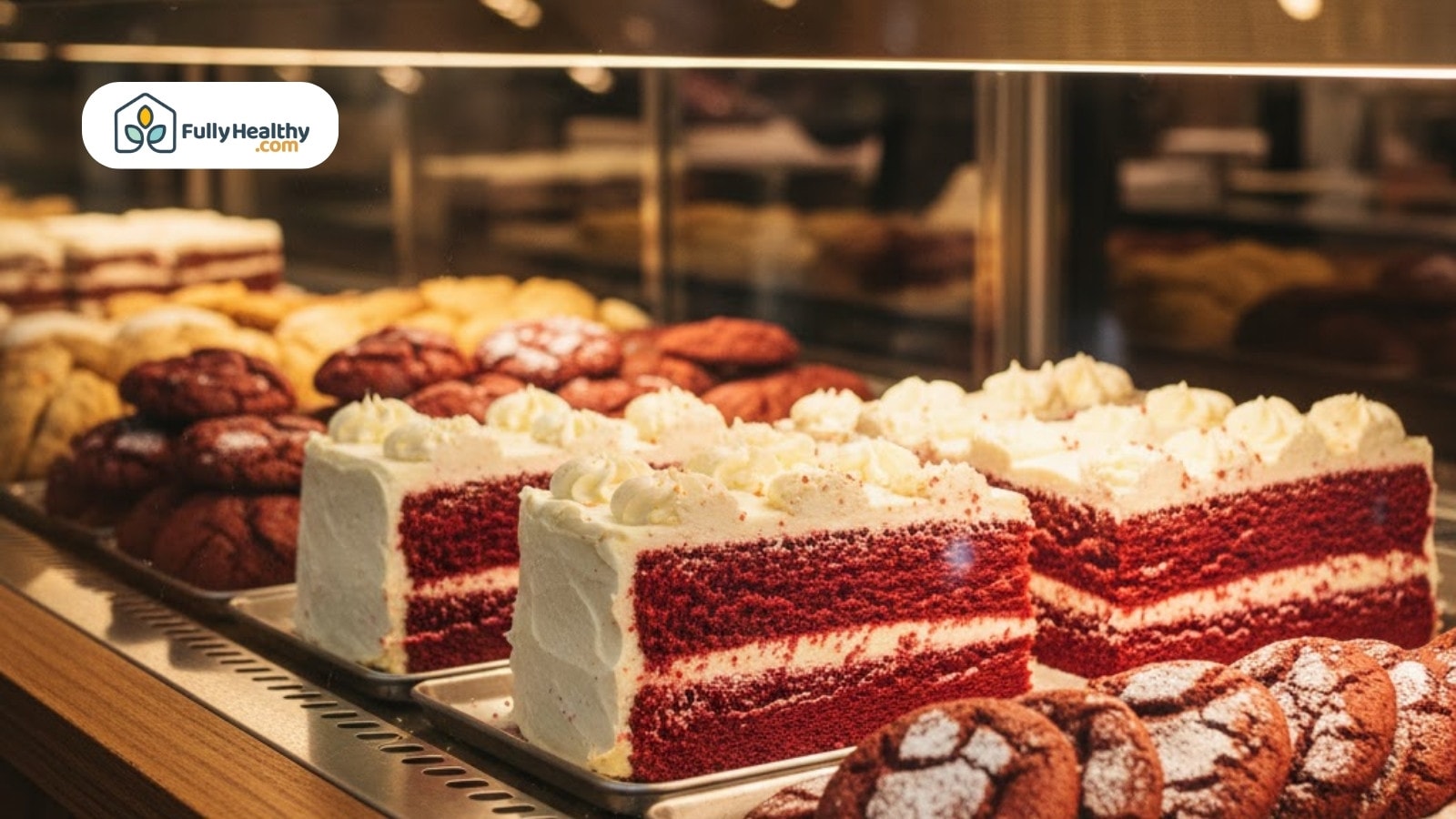 Red velvet cakes and cookies displayed in bakery case with cream frosting toppings