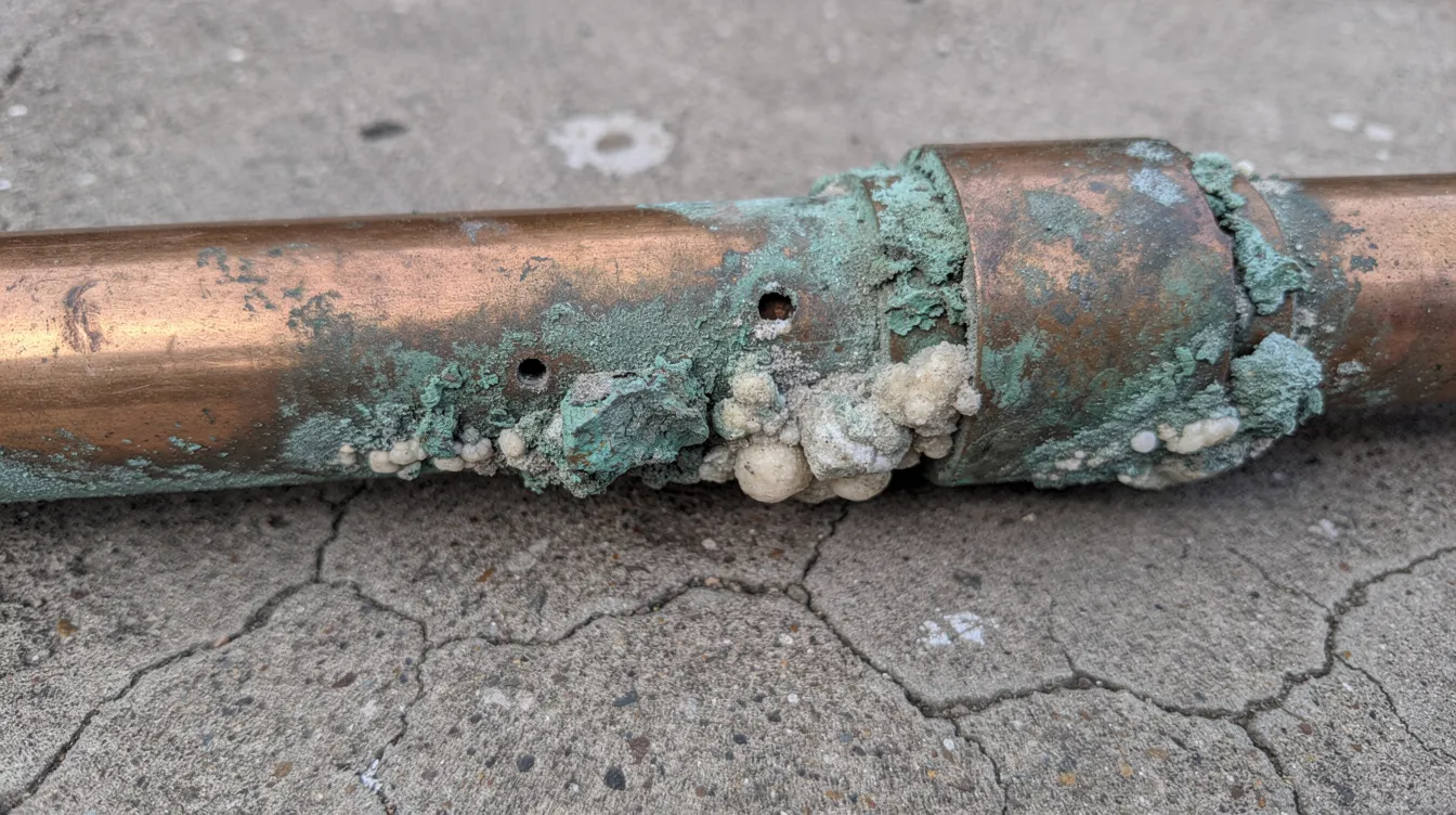 The image shows a corroded copper pipe with visible mineral deposits and a green patina, set against a concrete slab background, indicating potential plumbing issues that may require professional inspection and repair. This corrosion can lead to water leaks and other plumbing emergencies if not addressed by licensed plumbers.