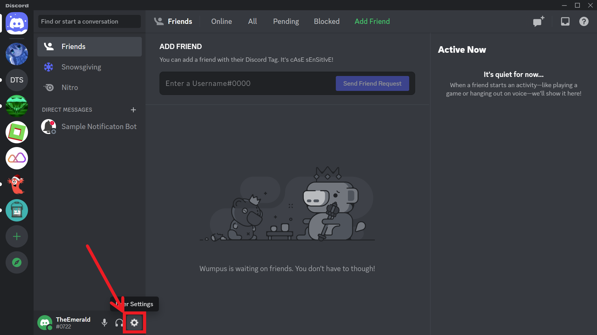A Discord desktop dashbaord showing the user settings icon.